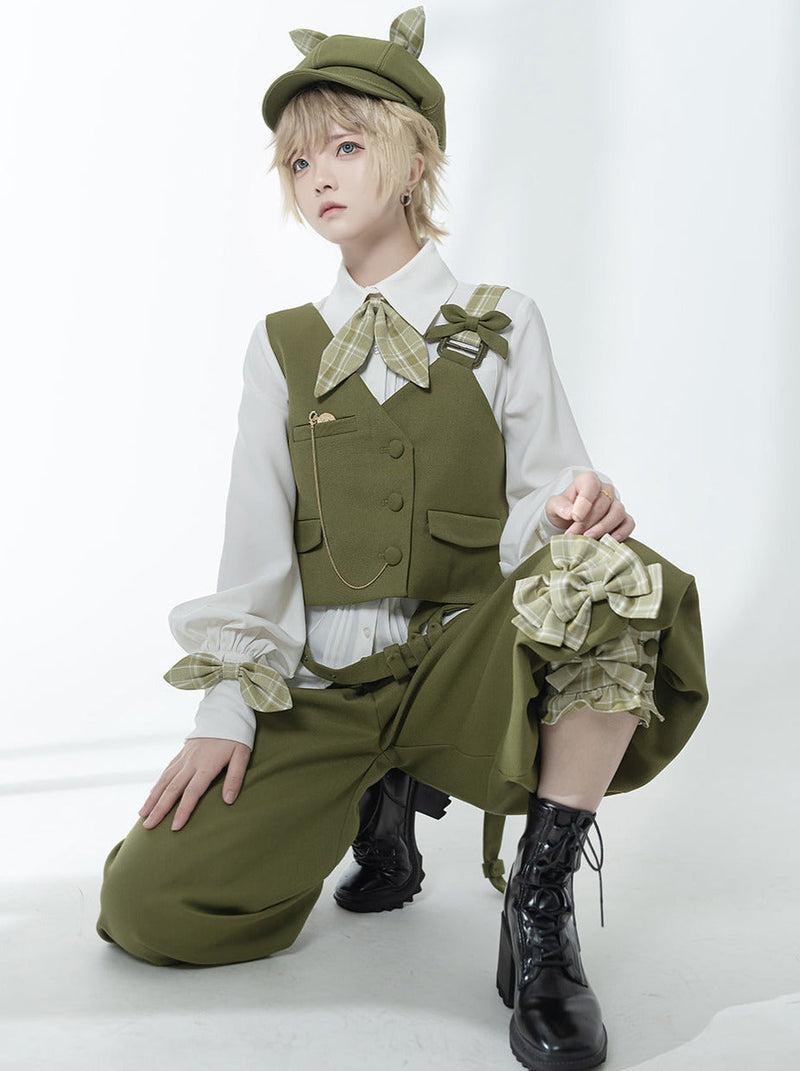 Secret Morning Post Green Tea Color Retro Sweet Cool Vest Shirt Cropped Pants