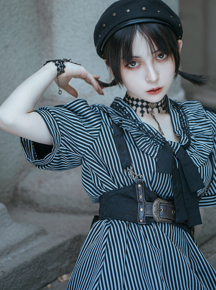 Steam Continental Retro Stripe Puff Sleeve Dark Gothic Dress
