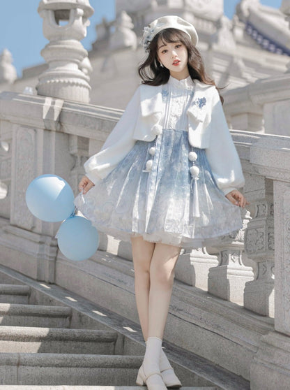 Ice Blue Chinese-style Dress + Fur Short Coat