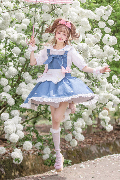 Light Raw Denim Lolita Jumper-skirt + Doll Innerwear + Apron