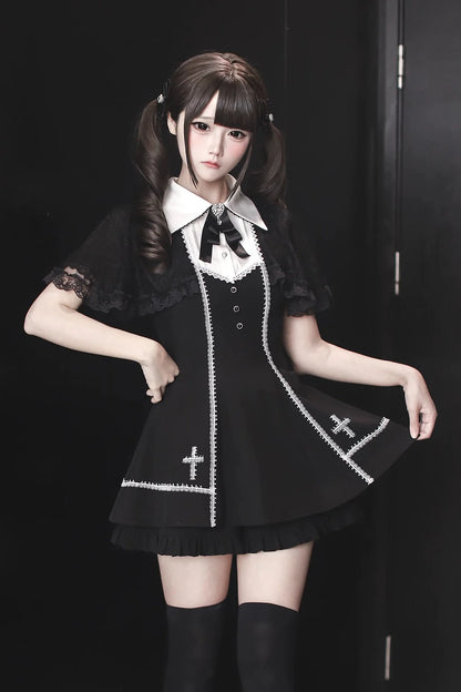[pre-order Deadline: April 29] Black Gothic Cape Sleeve Cross Detail Ribbon Collar Dress Set