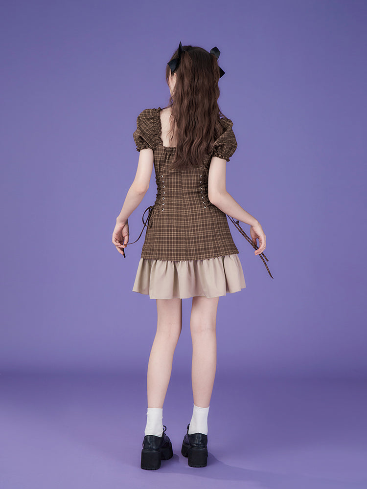 Pure Cool Design Coffee Color Plaid Dress