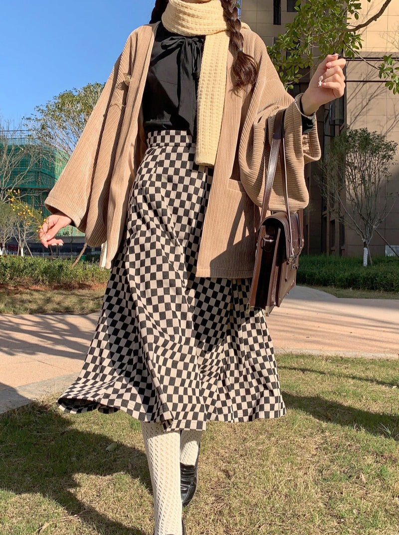 Sakura Note Showa Retro Haori Jacket + Chiffon Ribbon Shirt + Checkered Skirt + Dark Gray Skirt + Brooch