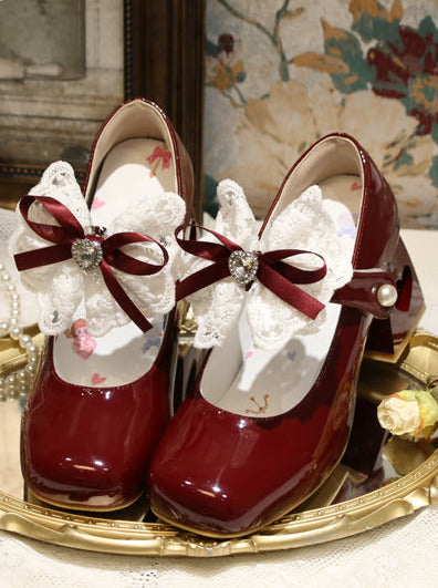 Lolita French Lace Ribbon Square Toe Love Heel Shoes