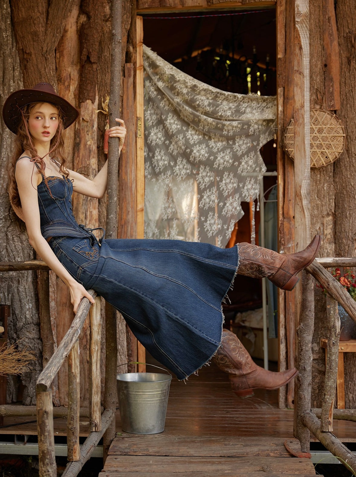 Retro Style Camisole + Tight Denim Skirt