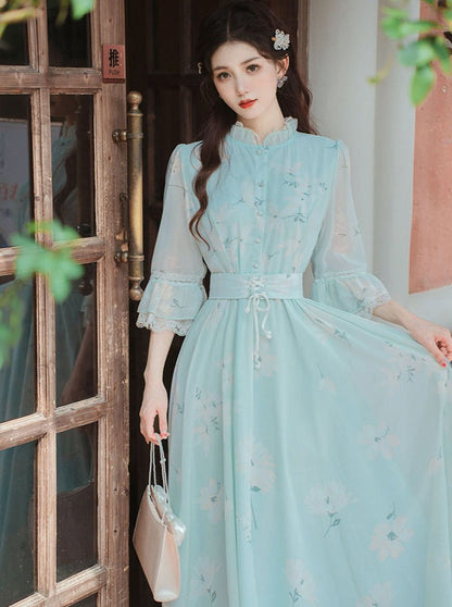 Retro Flower Stand Collar Dress