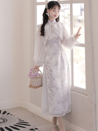 Light Purple Flower Chinese-style Dress + Ruffle Sheer Cardigan