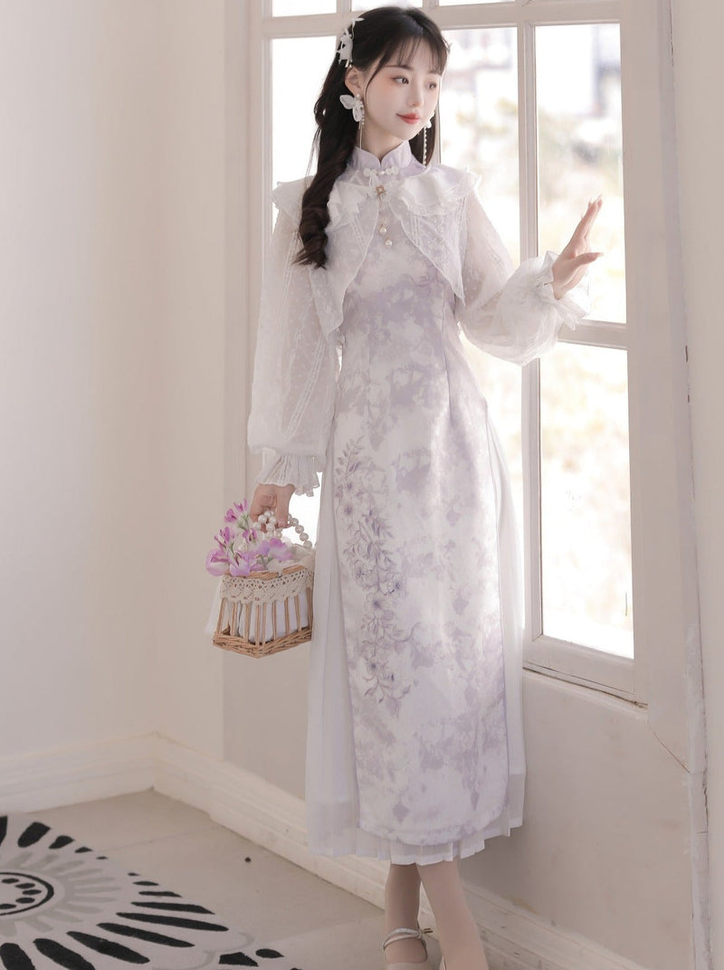 Light Purple Flower Chinese-style Dress + Ruffle Sheer Cardigan