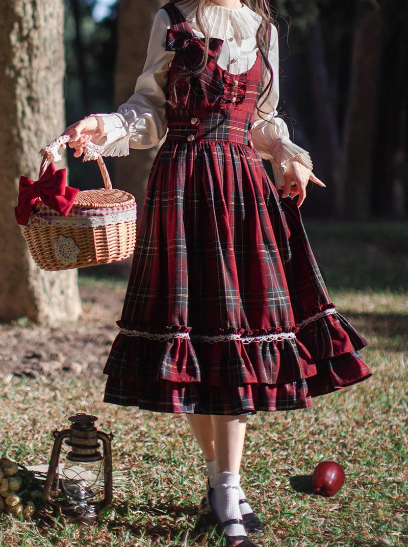 Little Red Riding Hood Cape Ribbon Coat + Pleated Collar Shirt + Plaid Tiered Dress + Head Scarf