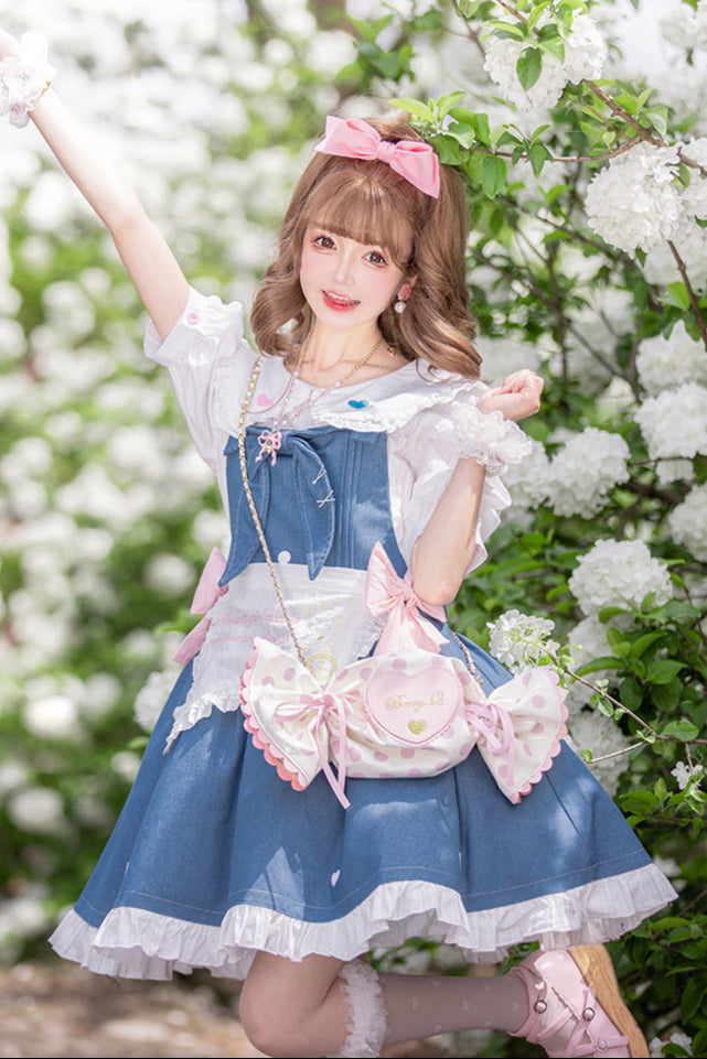 Light Raw Denim Lolita Jumper-skirt + Doll Innerwear + Apron