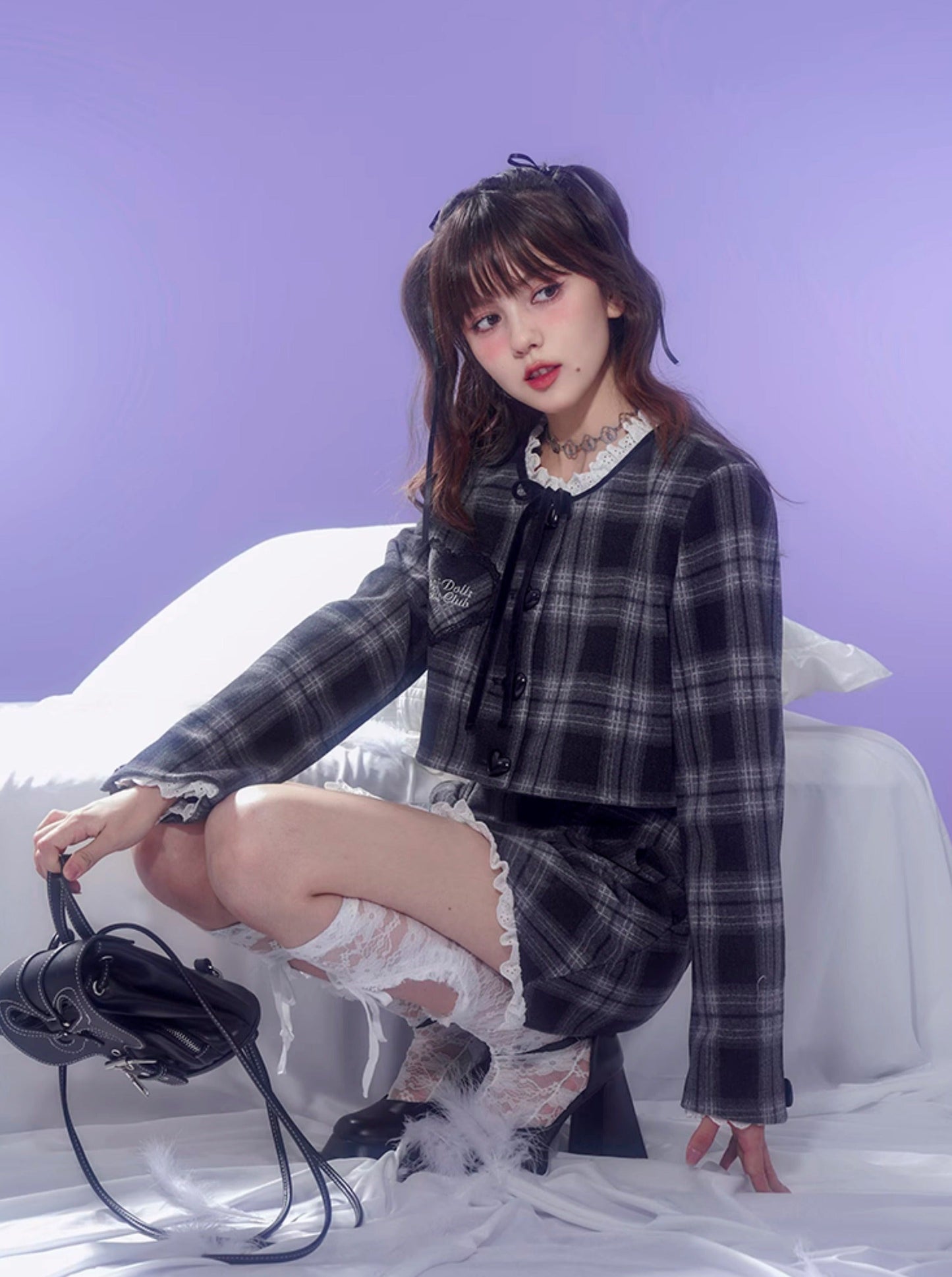 Dark Color Check Jacket + Lace Check Skirt