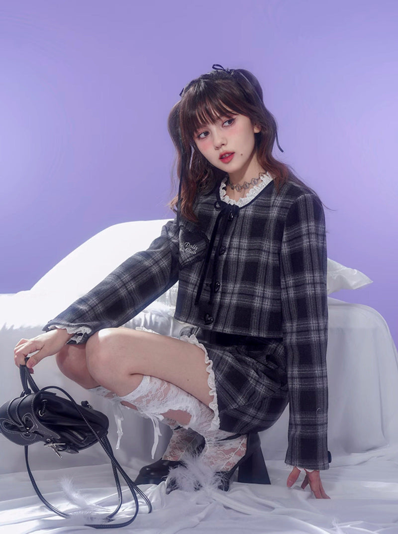 Dark Color Check Jacket + Lace Check Skirt