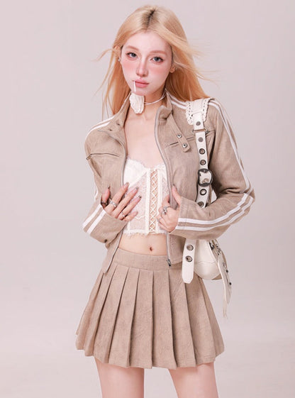 Line Leather Jacket + Pleated Skirt