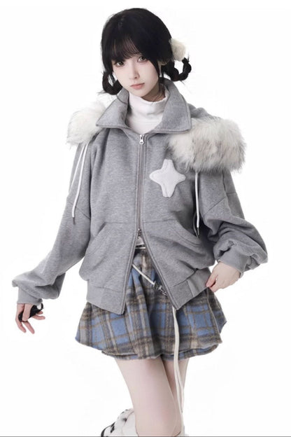 Starry Night Faux Fur Hoodie Plush Jacket Top Plaid Bottoms Set