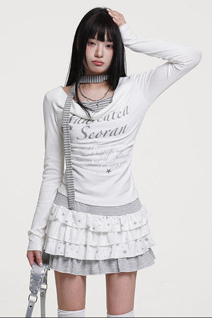 Layered Stripe Cowl Neck Fit Top (with Skinny Long Scarf)