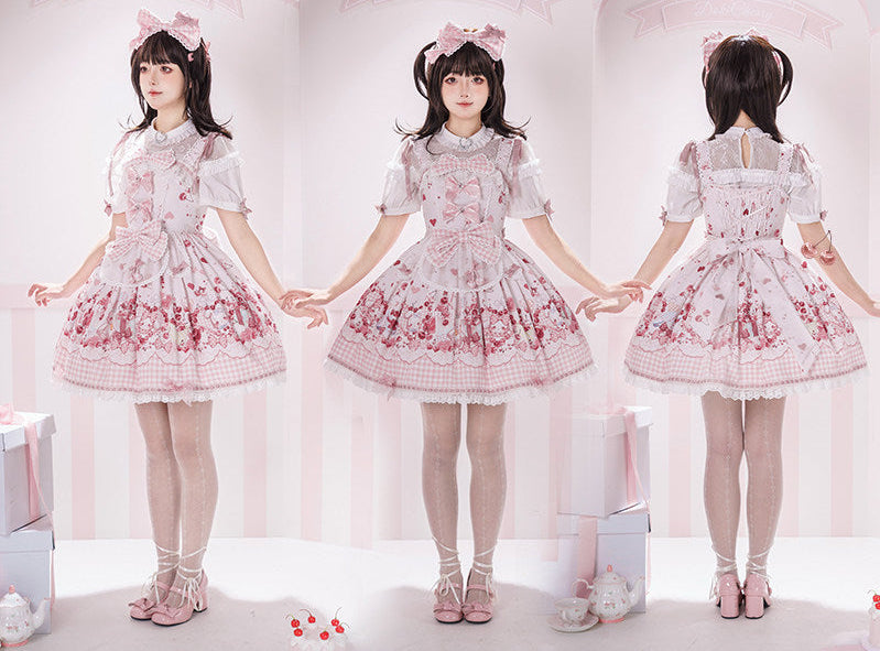 [pre-order Deadline: May 5] Pink Cherry Print Lace Ribbon Bunny Ear Apron Jsk Dress + Accessories