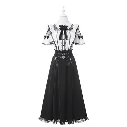 Lace Dark Kawaii Blouse + Heart Ring Long Skirt