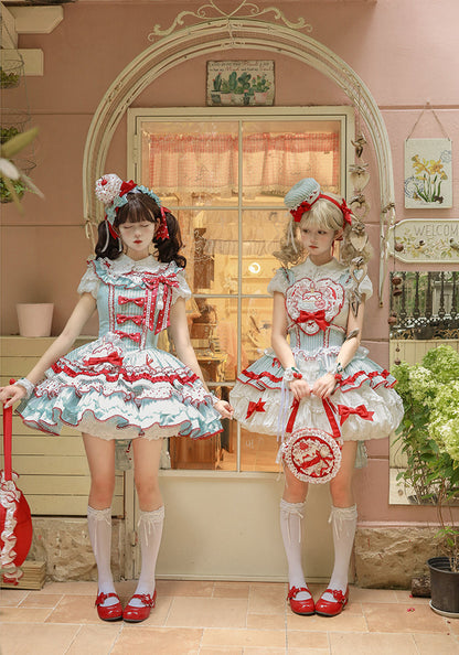[pre-order Deadline: April 3] Twin Tiered Lolita Dot Ribbon Striped Dress + Flower Bud Skirt Dress