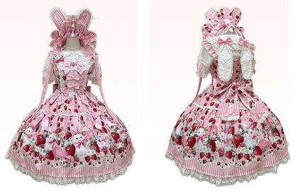 [pre-order Deadline: April 29] Strawberry Rabbit Ear Ribbon Shirt + Ruffled Shoulder Lace Ribbon Jk School Uniform Dress + Full Set/complete Set