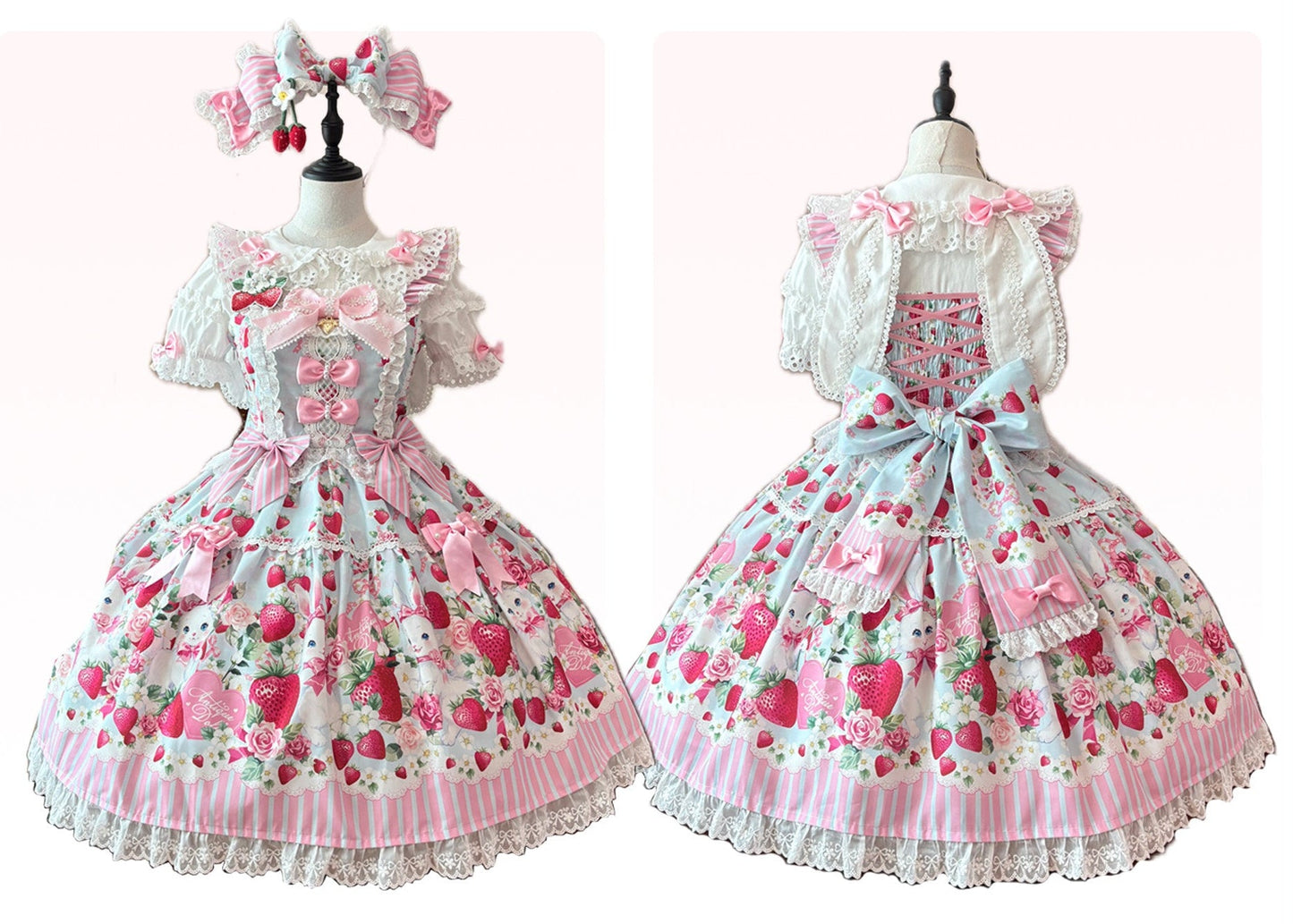 [pre-order Deadline: April 29] Strawberry Rabbit Ear Ribbon Shirt + Ruffled Shoulder Lace Ribbon Jk School Uniform Dress + Full Set/complete Set