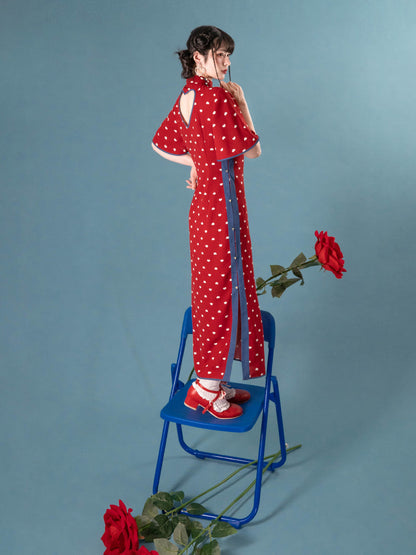 Back Open Love Denim Element Stand Collar Cheongsam Dress