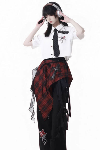 Contrast Shirt + Checkered Skirt + Black Skirt + Wide Pants + Tie