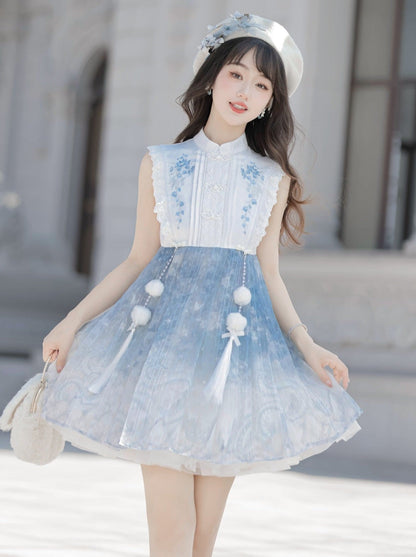 Ice Blue Chinese-style Dress + Fur Short Coat
