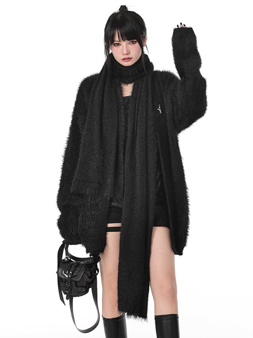 Metal Star Dark Style Loose Knit Cardigan With Scarf