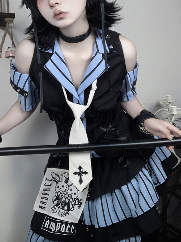 Code Rabbit Original Off Shoulder Striped Shirt + Asymmetric Striped Tiered Skirt + Cross Necktie