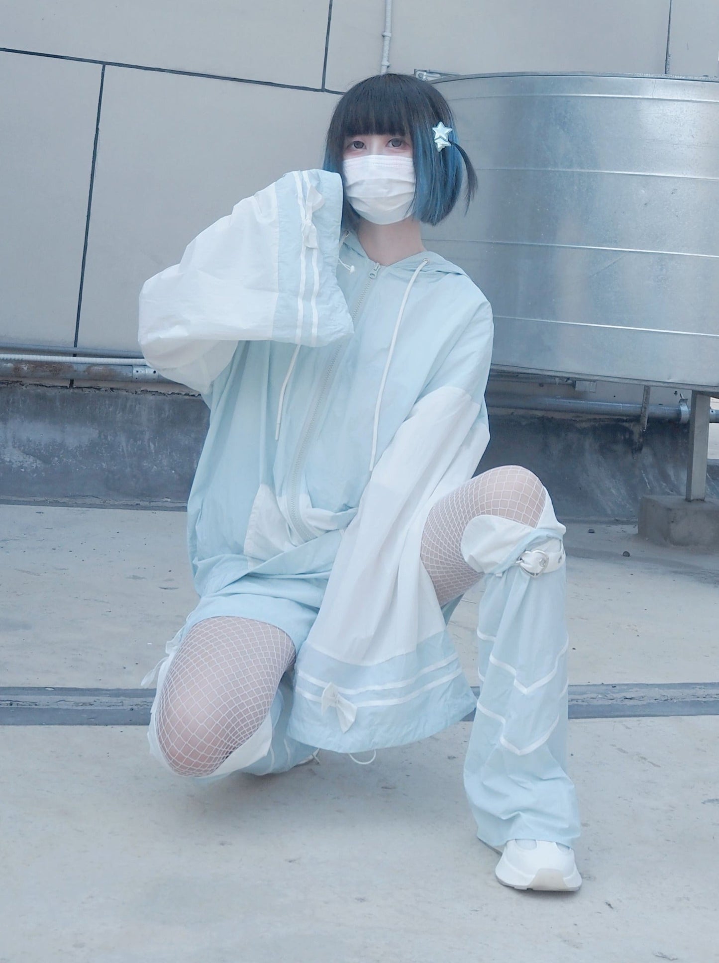 [angel Style] Aqua Angel Subculture Hooded Hoodie + Ribbon Shorts + Leg Warmers