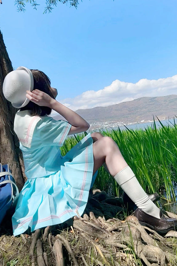 Anime Girl Light Blue Sailor Suit + Pleated Skirt