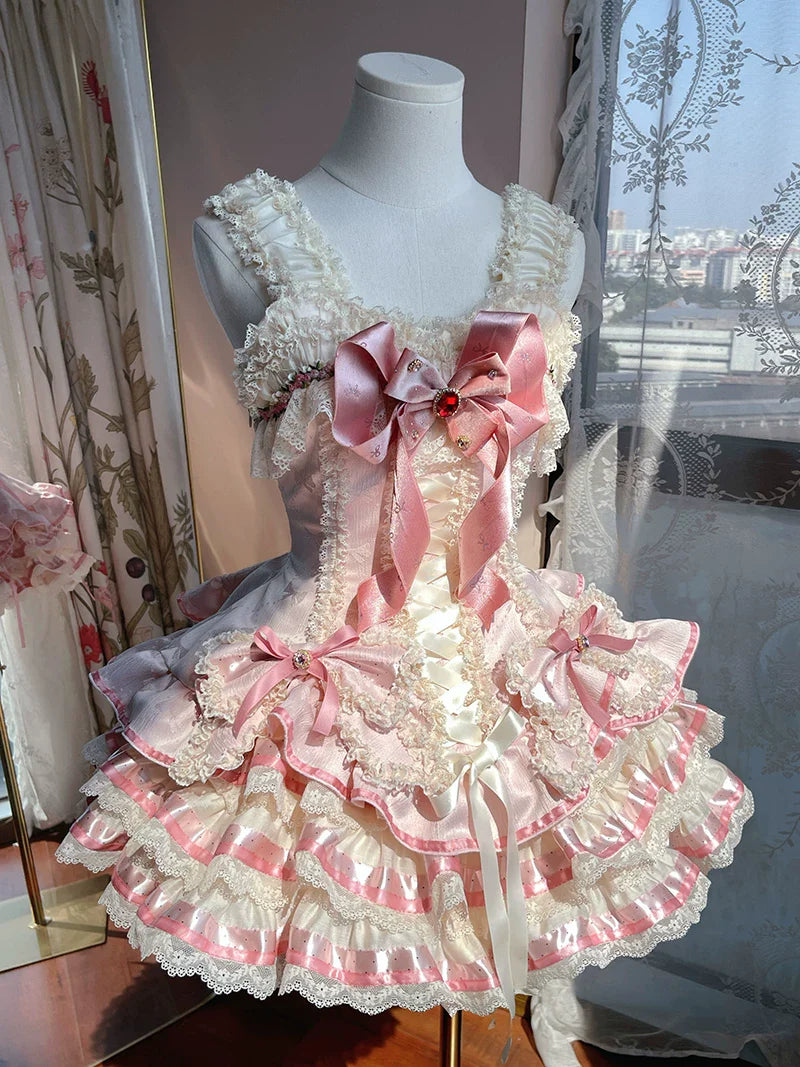 [pre-order Deadline: April 30] Sweet Pink Lolita Lace Ribbon Corset Tiered Jsk Dress