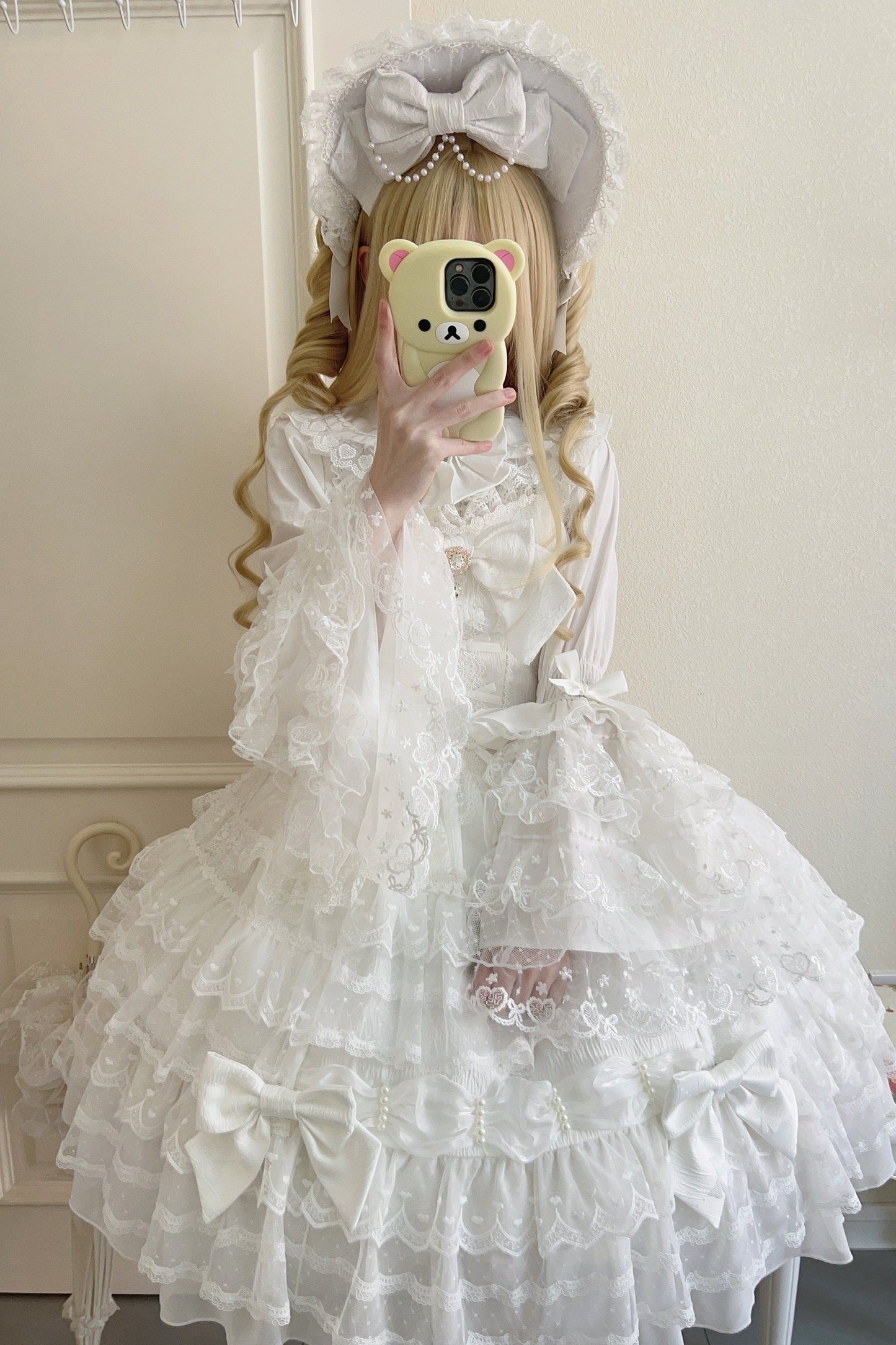 [pre-order] White Sugar Doll Princess Sleeve Suspender Dress Suit + Bonnet Hat