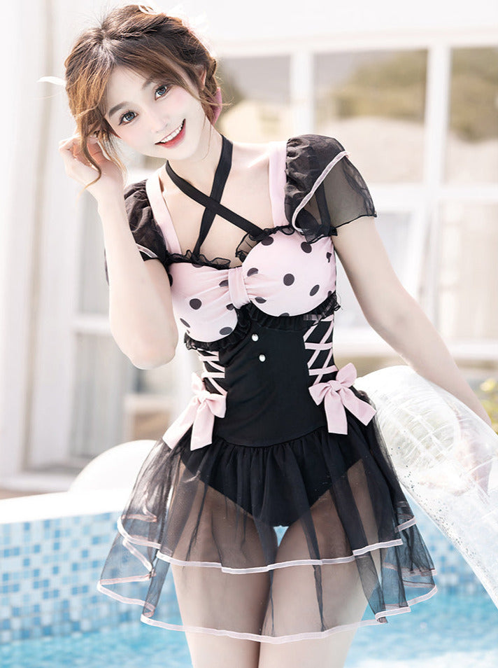 Dot Sheer Ruffle Lace Up Lolita Girly Dress Swimsuit