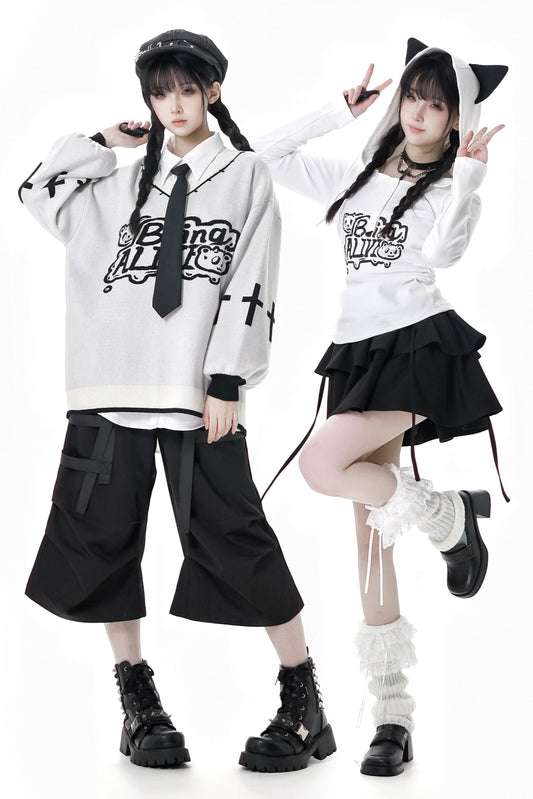 Cat Ear Hooded Top + Loose Knit Sweater + Cargo Pants + Strap Skirt