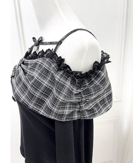 Off-shoulder Lace Ribbon Strap Knit Top