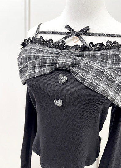 Off-shoulder Lace Ribbon Strap Knit Top