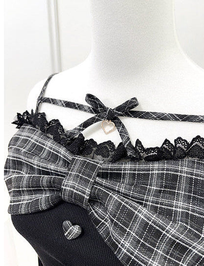 Off-shoulder Lace Ribbon Strap Knit Top