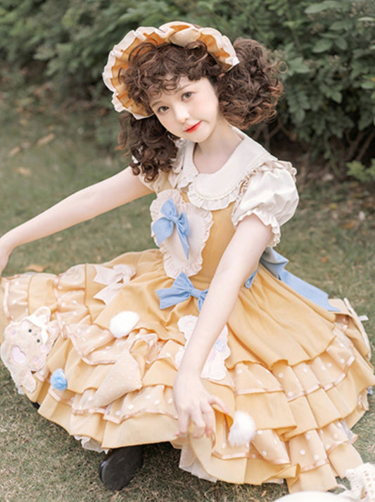 Doll Puff Sleeve Shirt + Bear Cheese Tiered Lolita Dress