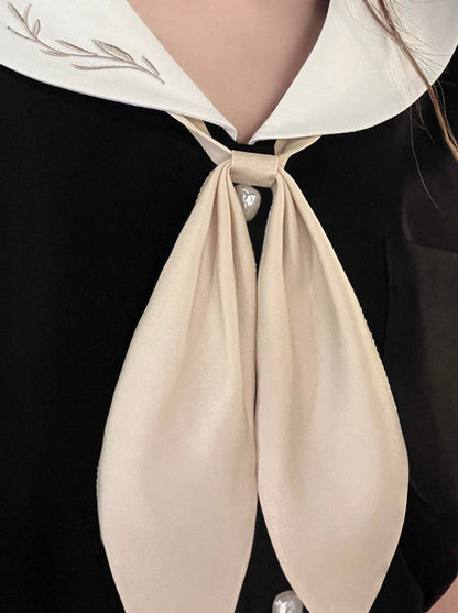 Retro French Sailor Collar Puff Sleeve Shirt + Box Pleat Skirt + Bunny Ear Necktie [pre-order]