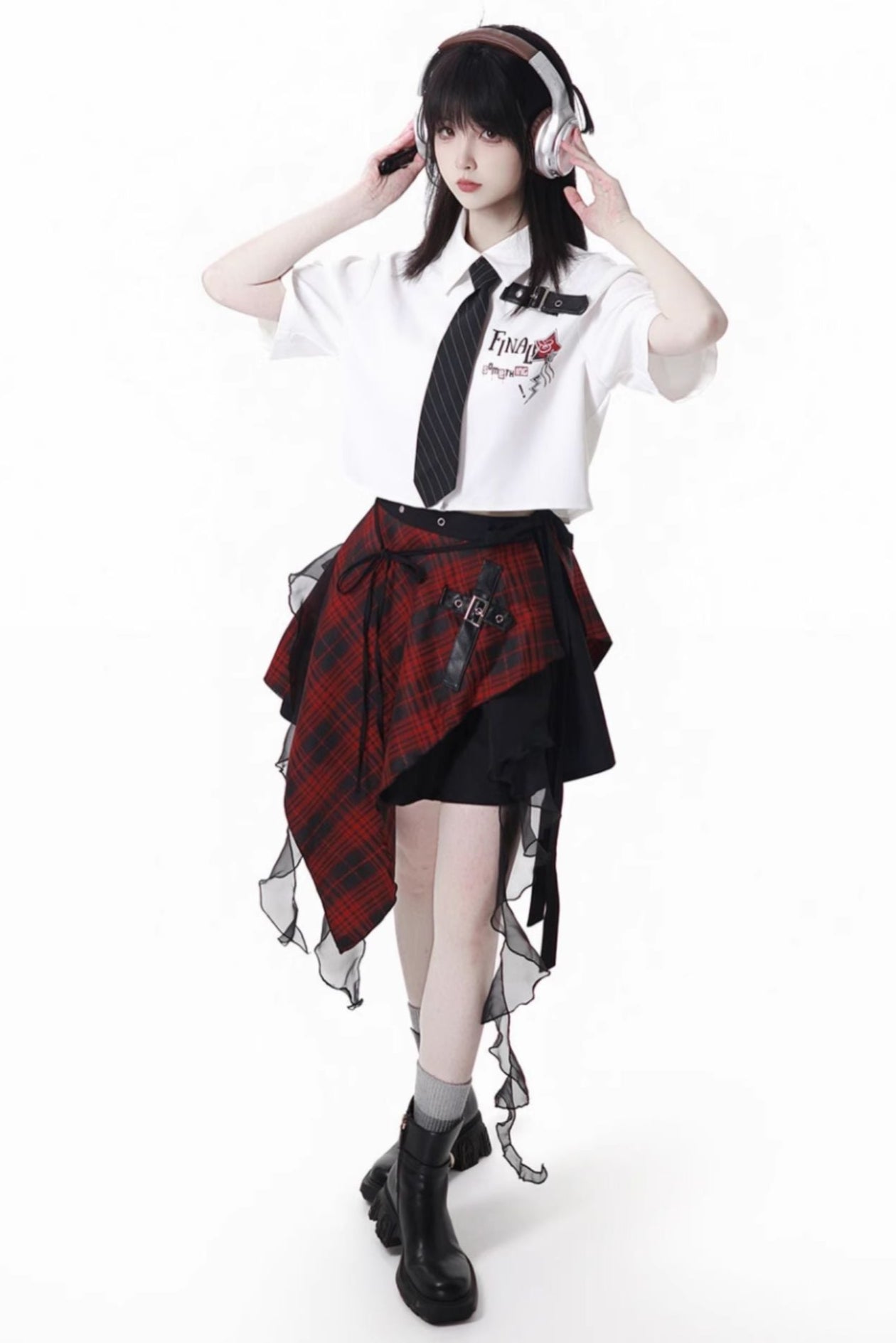Contrast Shirt + Checkered Skirt + Black Skirt + Wide Pants + Tie