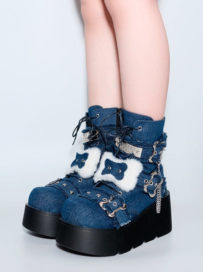 Small Bone Denim Round Toe Platform Short Boots
