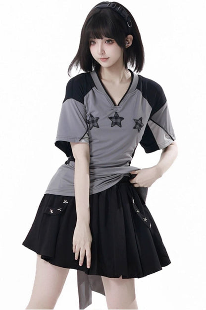 Mode Star Jersey Crew Neck Top + V Neck Top + Short Skirt + Long Skirt