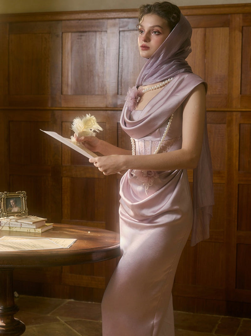 French Romantic Design Heavy Purple Satin Light Fishbone Dress