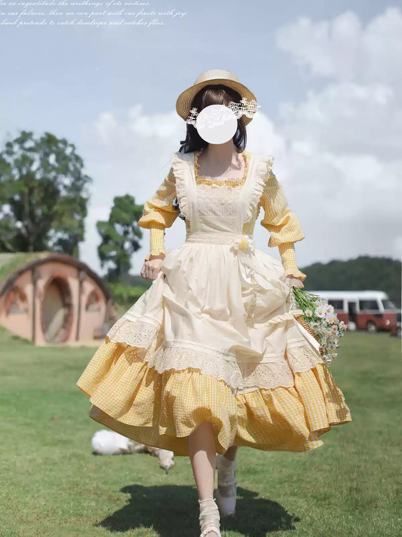 [pre-order] Retro Girly Yellow Dress + Apron + Ribbon