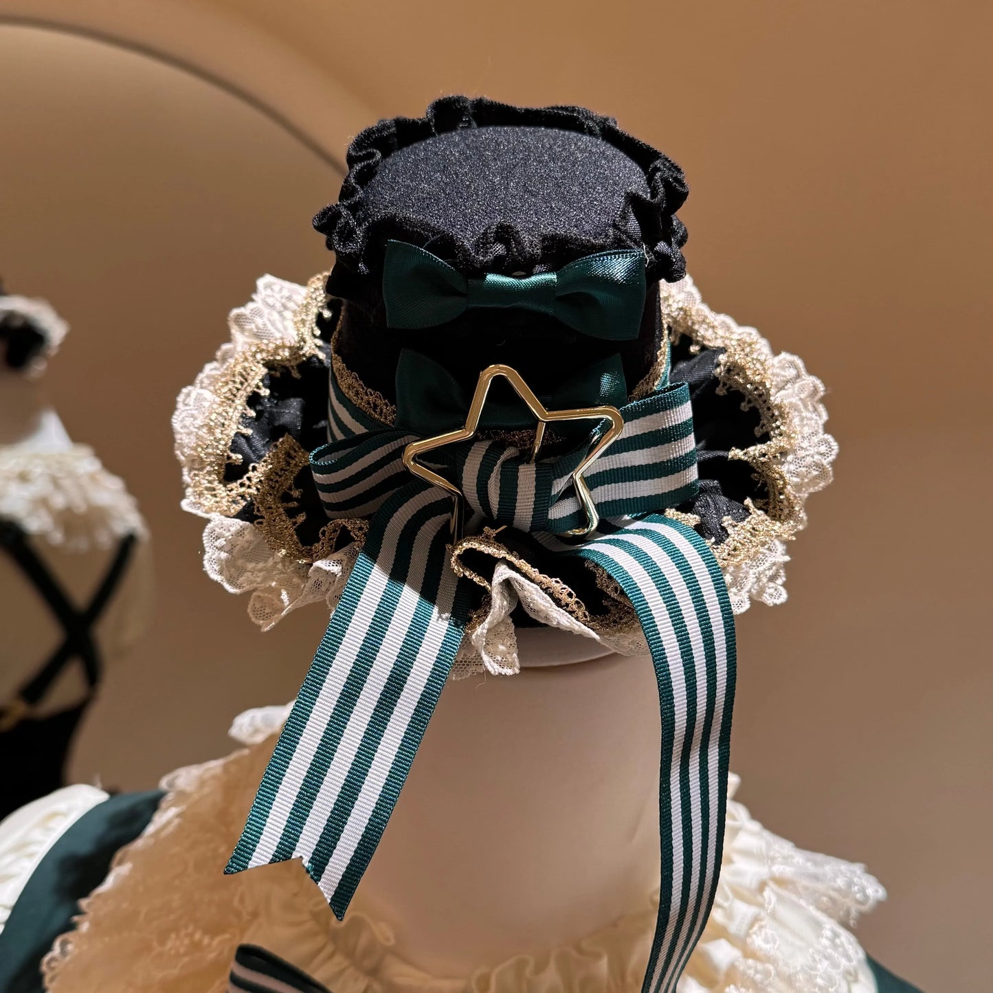 [pre-order Deadline: May 20] Magical Girl Lolita Lace Puff Sleeve Shirt + Black X Green Ribbon Corset Tiered Dress + Mini Hat