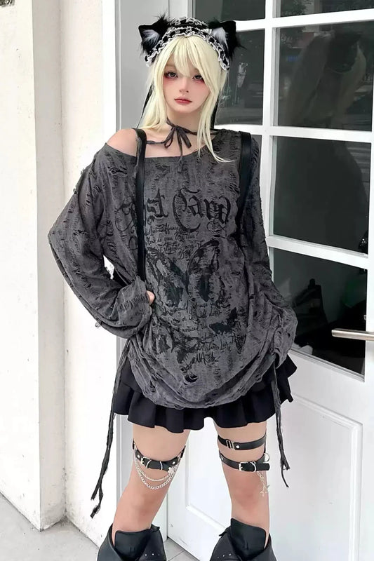 Butterfly Tie Off-shoulder Distressed Top Set
