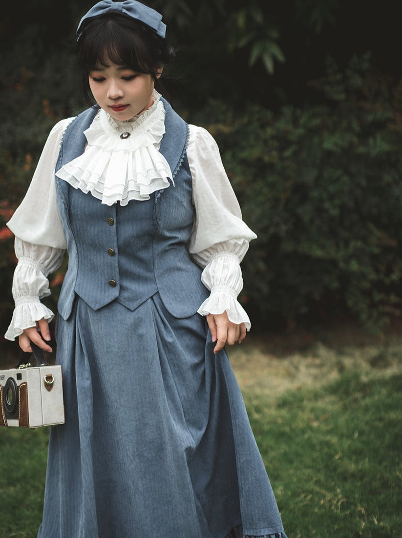 Classical Retro Blouse + Colored Vest + Flared Long Skirt