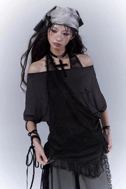 Sheer Off Shoulder Lace Halter Top