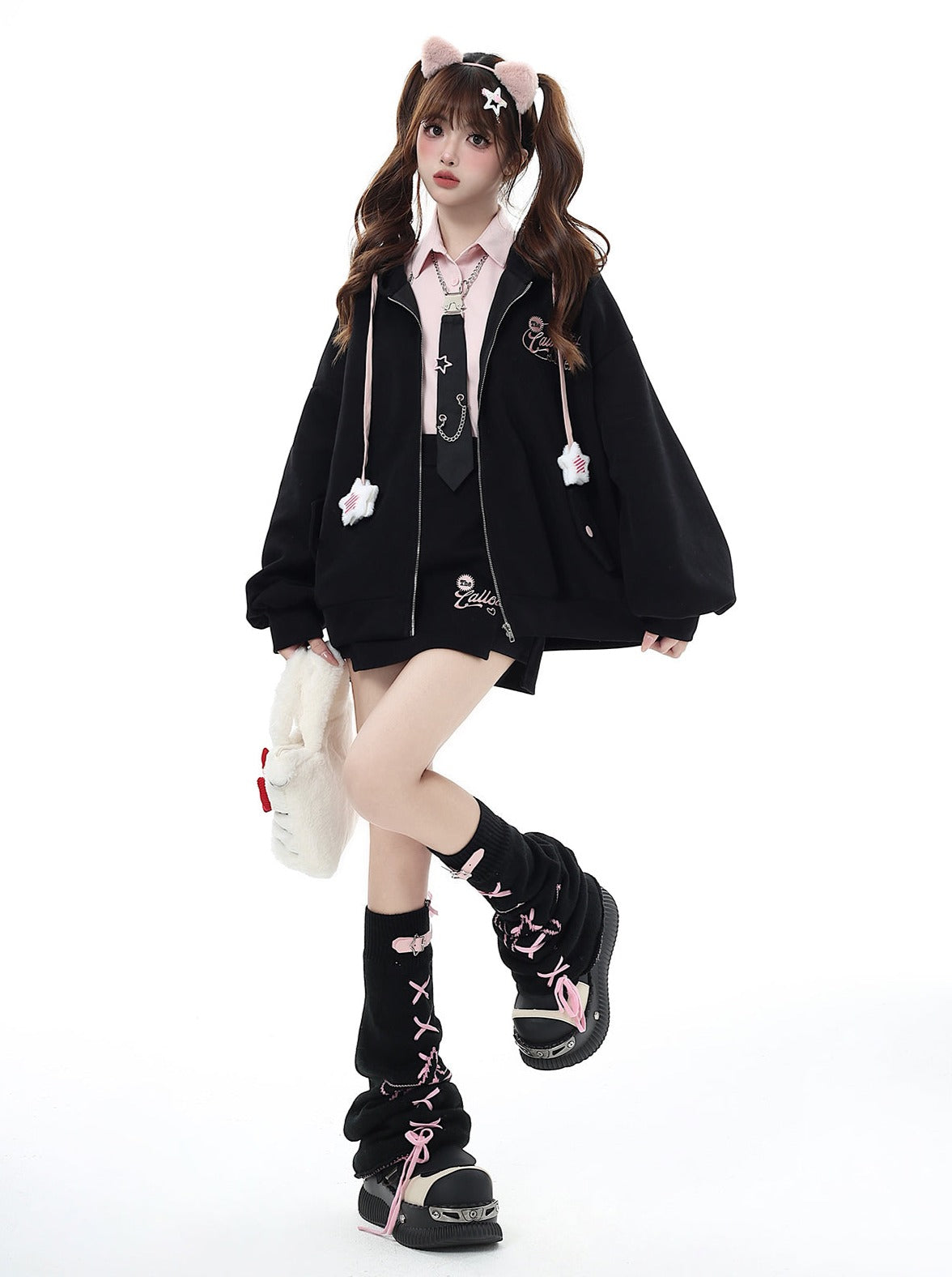 Small Hooded Zipper Hoodie + Tight Skirt